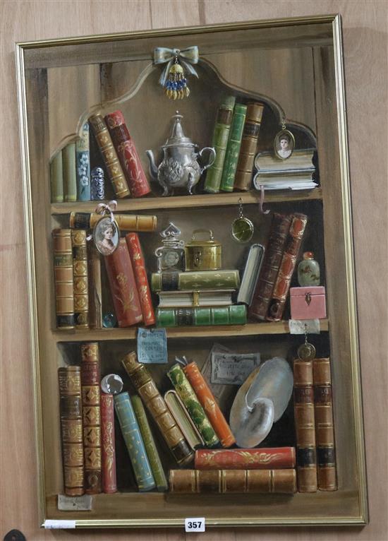 Deborah Jones (1921-2012) oil on canvas, Clin dOeuil study of a bookshelf, signed and dated MCMXC, 76 x 49cm